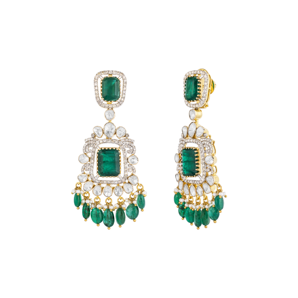 Polki Earrings with Emerald Colourstones & Drops